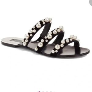 Leith stunner Elegant Black Pearl-Embellished velvet flats Sandals 10
